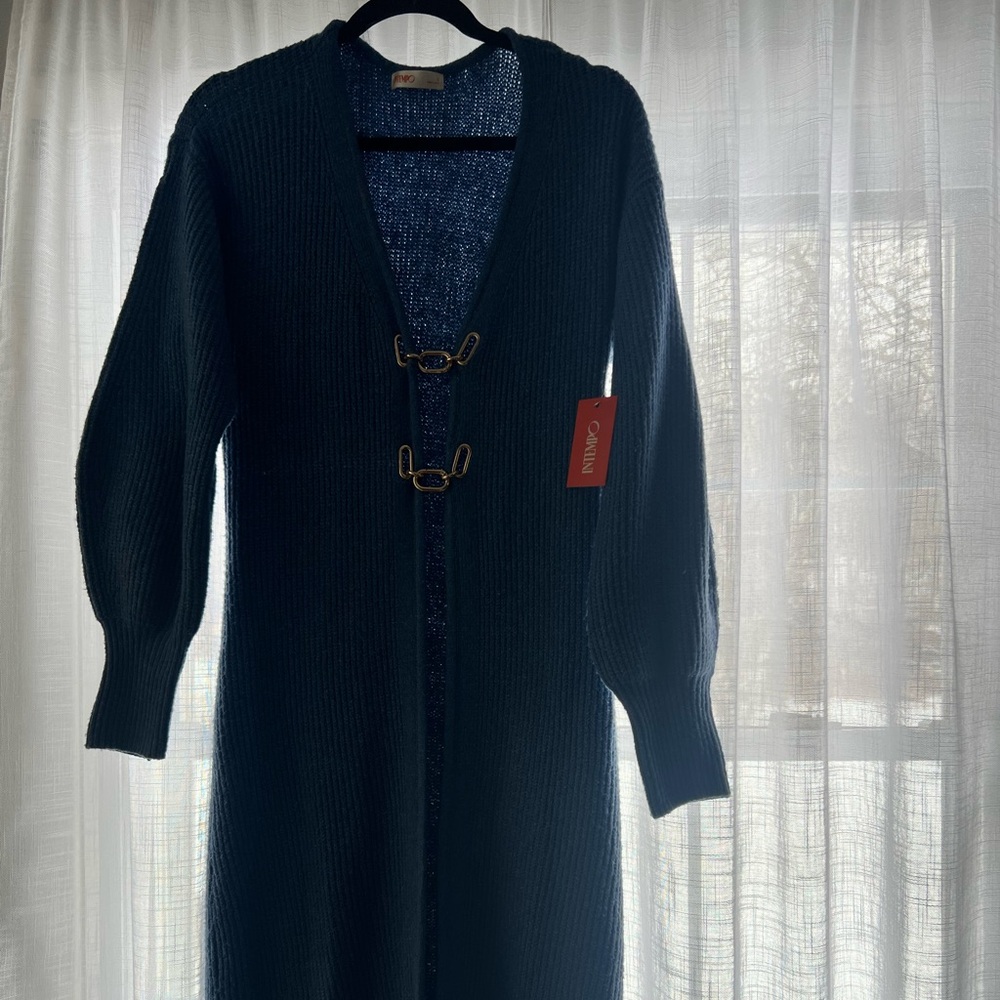 NWT longline soft blue cardigan with gold details